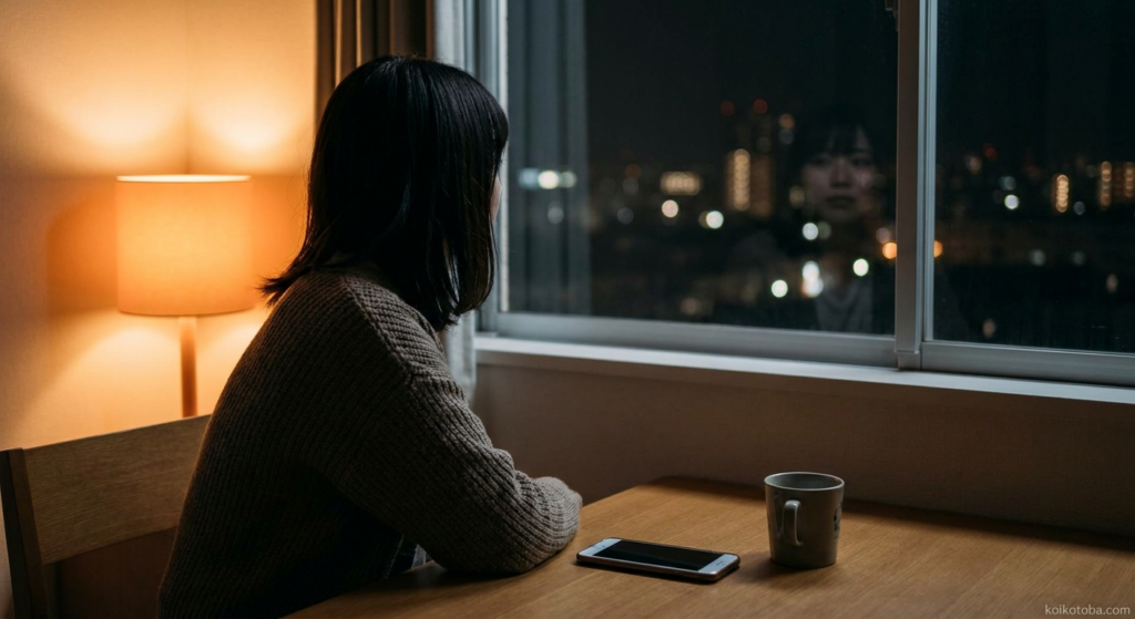 夜の部屋でスマートフォンを前に窓の外を見つめる女性