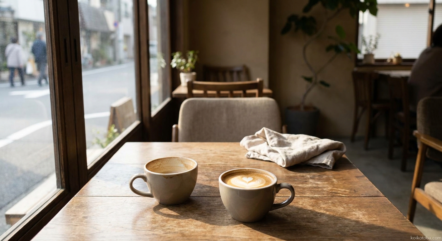カフェのテーブルに並ぶ2つのコーヒーカップと窓からの自然光