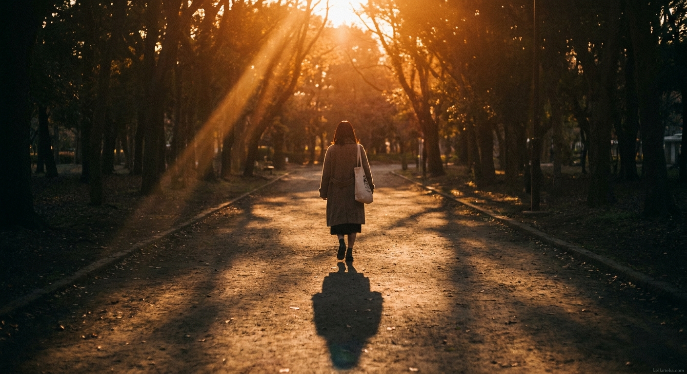 夕暮れの公園の道を歩く女性の後ろ姿