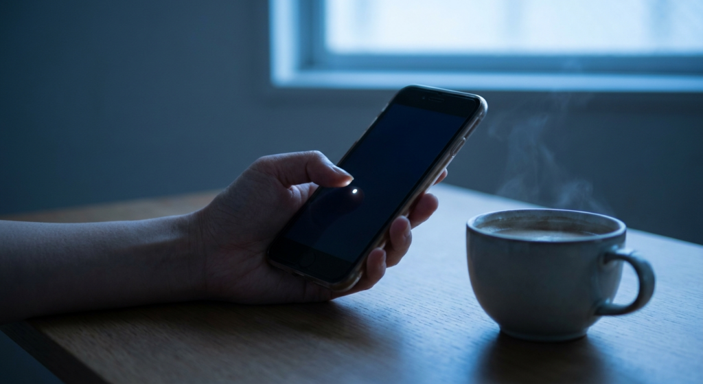 夜にスマホの通知を見つめる女性の手元