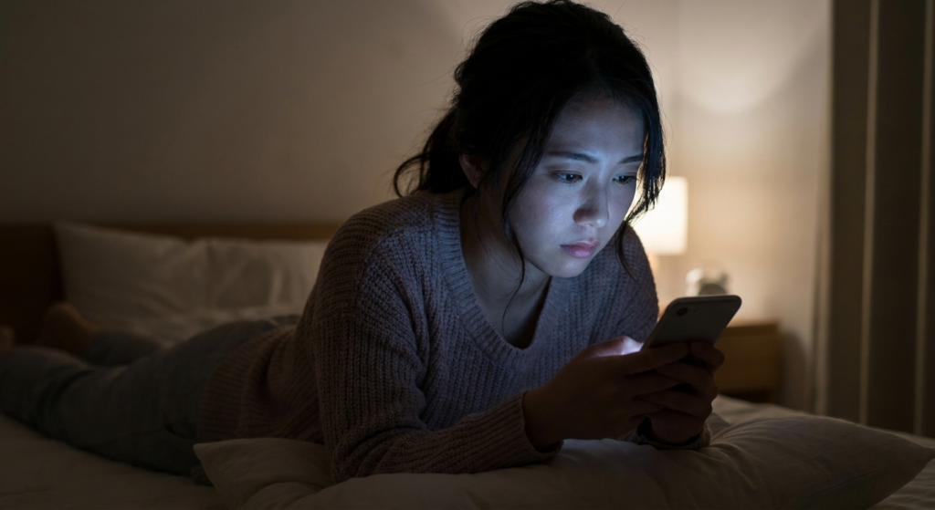 夜にスマートフォンを見つめる女性