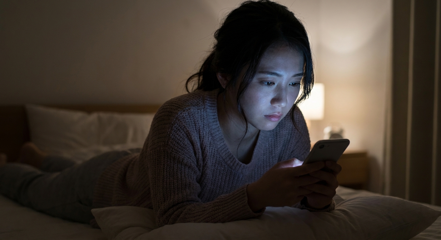 夜にスマートフォンを見つめる女性