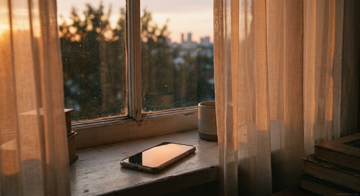 夕暮れの窓辺に置かれたスマートフォン、倦怠期の気持ちを見つめるイメージ