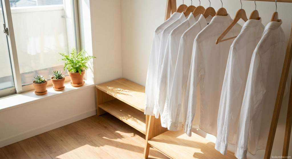 清潔感のある明るい部屋に白いシャツと観葉植物