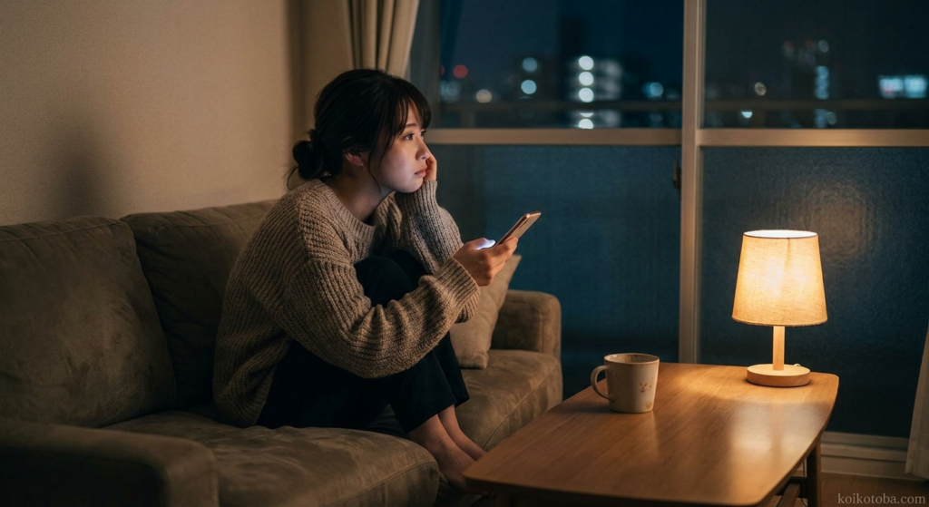 夜の部屋でスマホを持ちながら窓の外を見つめる女性