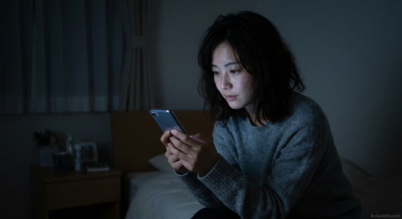 夜にスマホを見つめる女性