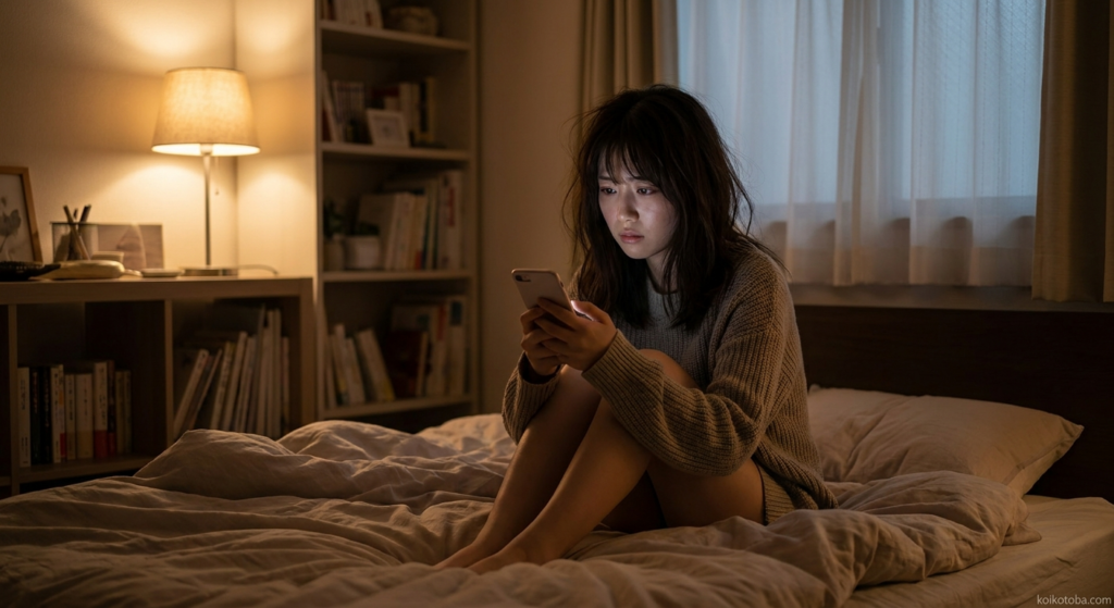 夜に部屋でスマホを見つめて不安そうにしている若い女性