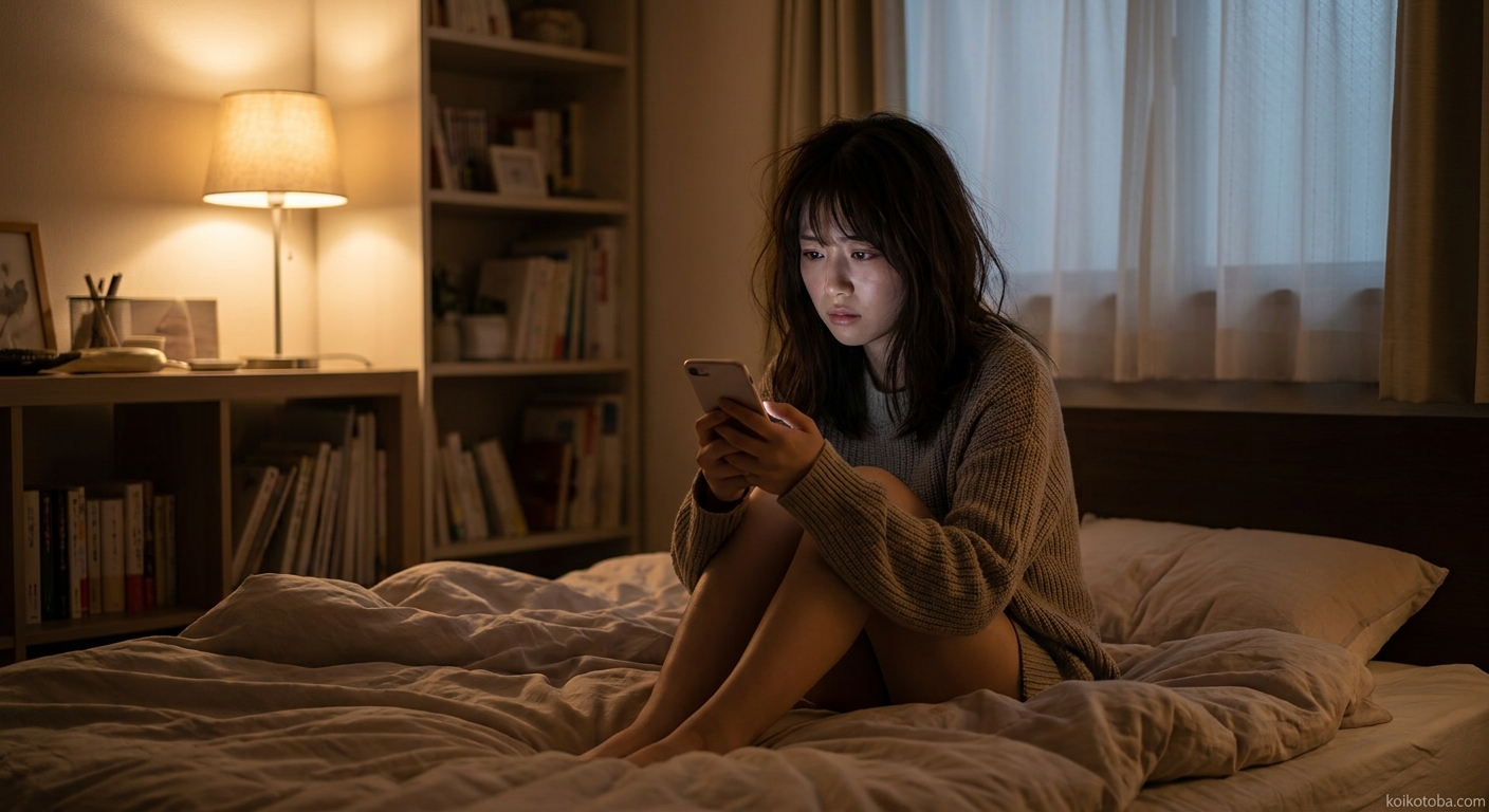 夜に部屋でスマホを見つめて不安そうにしている若い女性