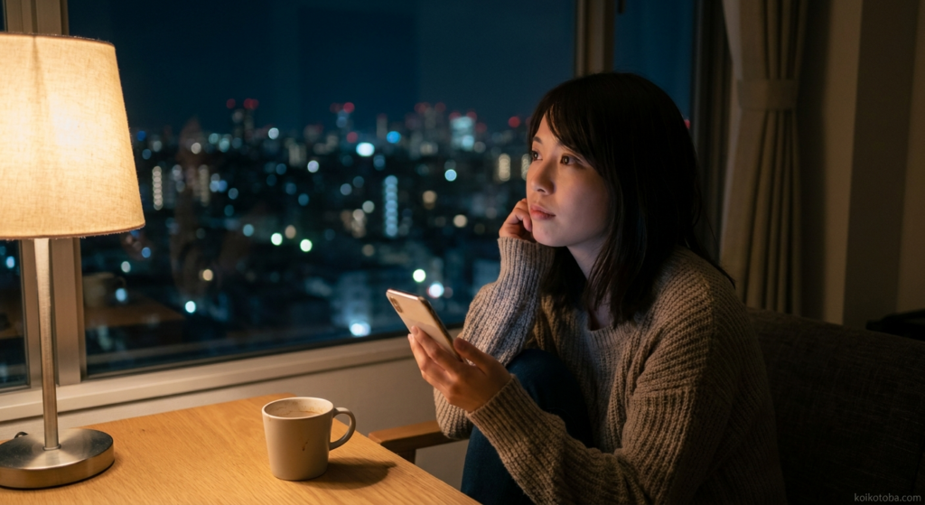 夜の窓辺でスマホを持ちながら物思いにふける女性