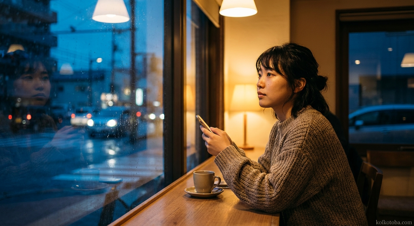 カフェの窓際でスマートフォンを持ちながら外を見つめる女性