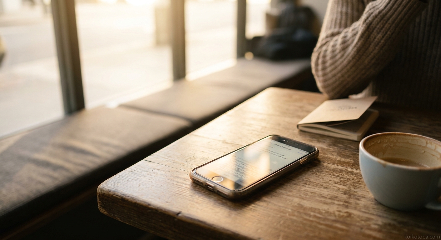 カフェのテーブルに置かれたスマートフォンと窓からの光