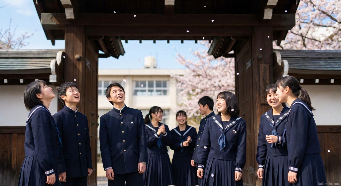 卒業式の日、桜が舞う学校の正門前で笑顔の学生たち