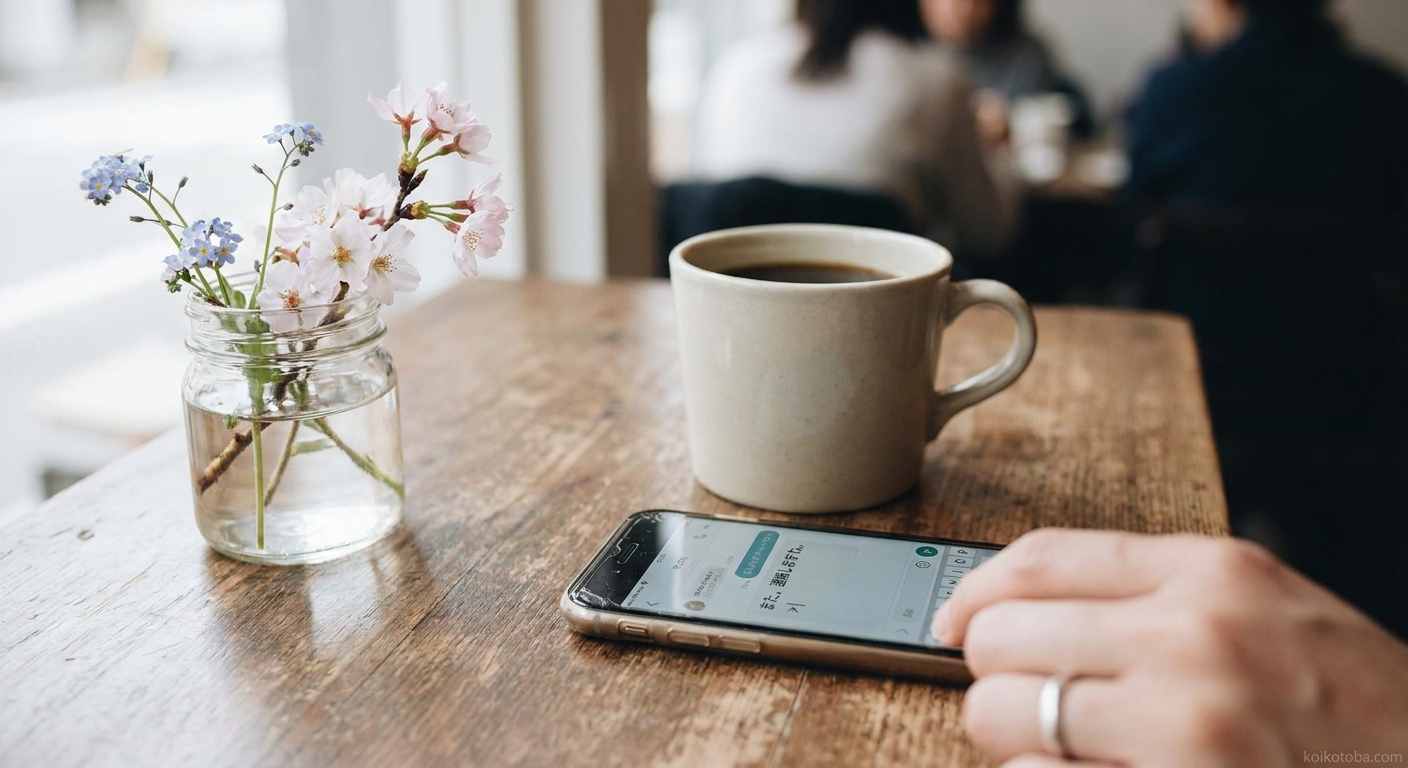 テーブルの上のスマートフォンとコーヒー、メッセージを送ろうとしている場面