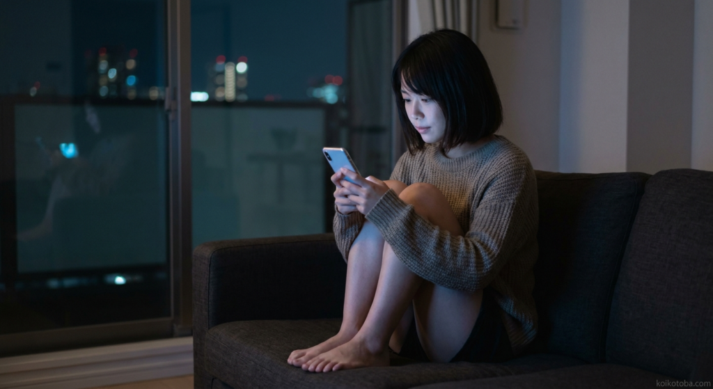 夜にスマホを見つめながらソファに座る女性