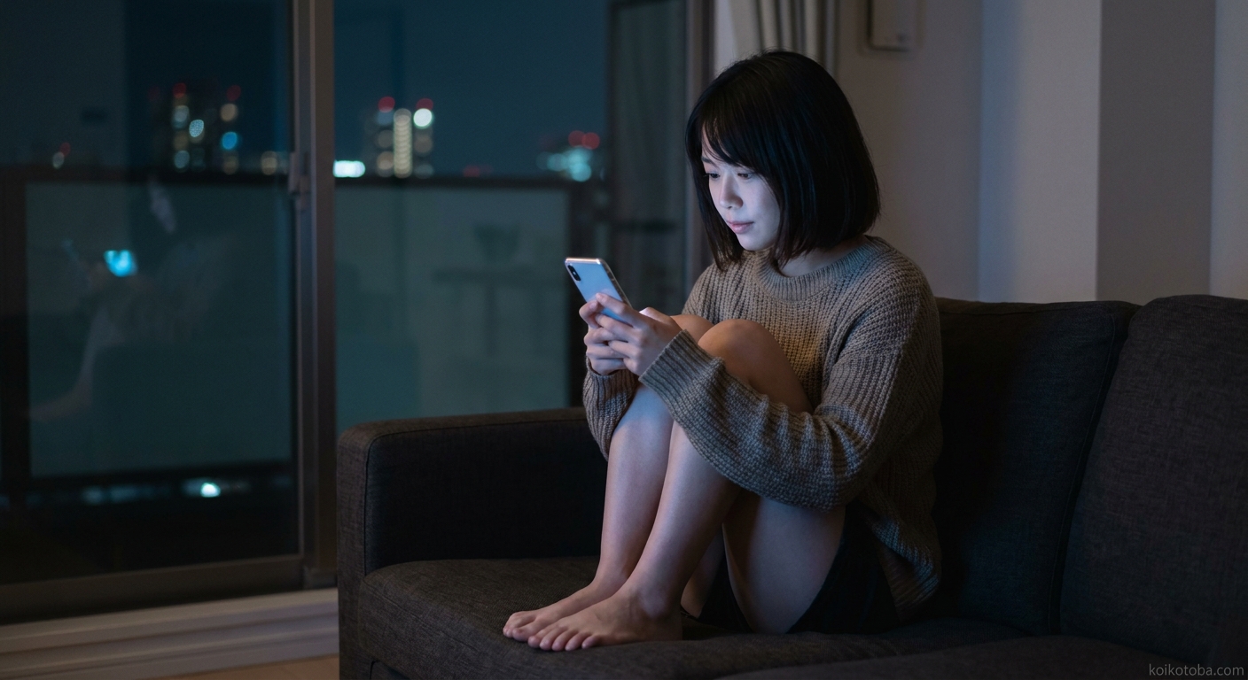 夜にスマホを見つめながらソファに座る女性