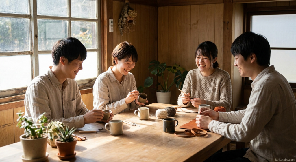 趣味のサークルで仲間と集まる明るいひとときのイメージ
