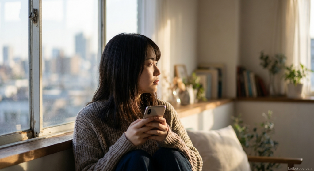スマホを持ちながら窓の外を見つめる女性