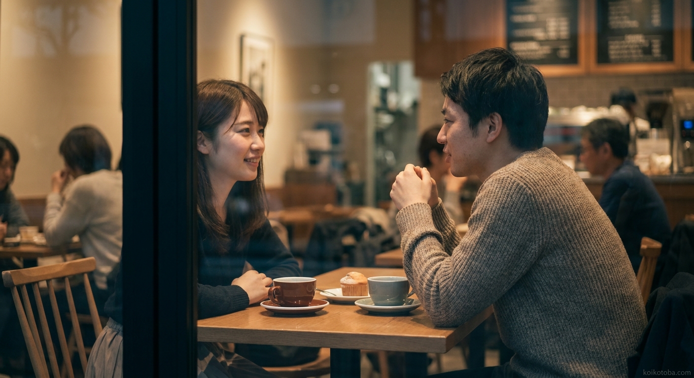 カフェで向かい合って話すカップル