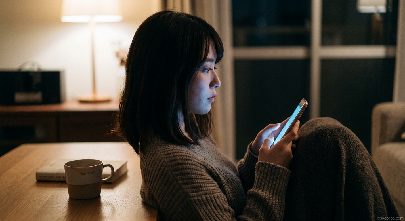 夜にスマホを見つめる女性の手元
