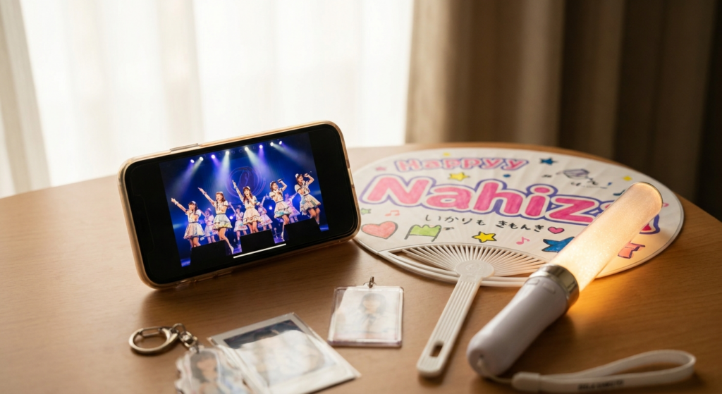 テーブルの上に並ぶライブグッズとスマートフォン