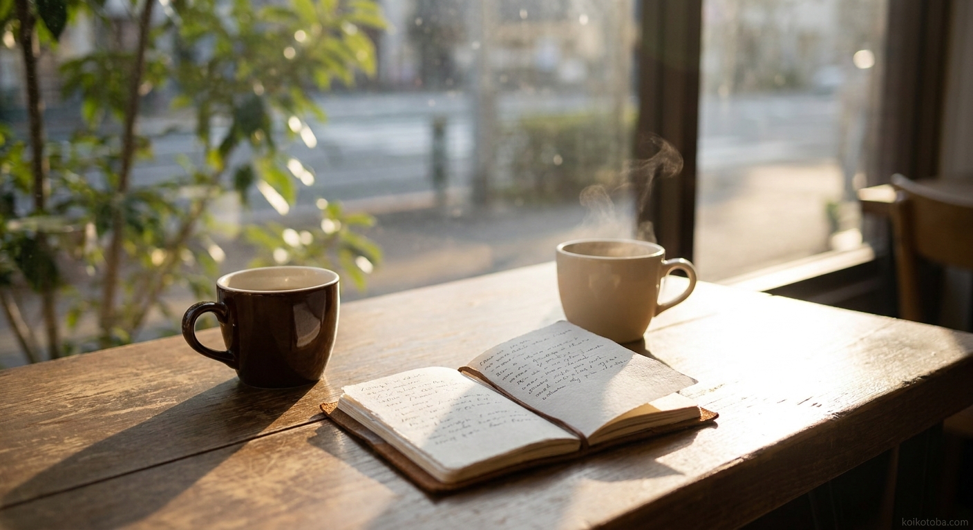 カフェの窓際に並ぶ二つのコーヒーカップ