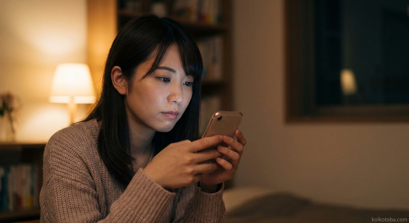 夜の室内でスマートフォンを見つめる女性