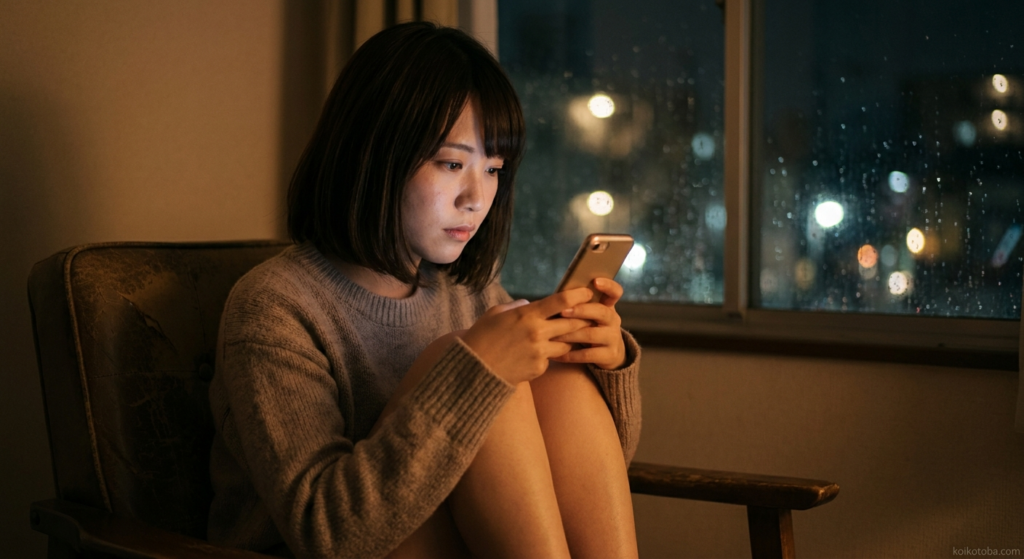 夜にスマホを見つめながら膝を抱えてひとり考え込む女性