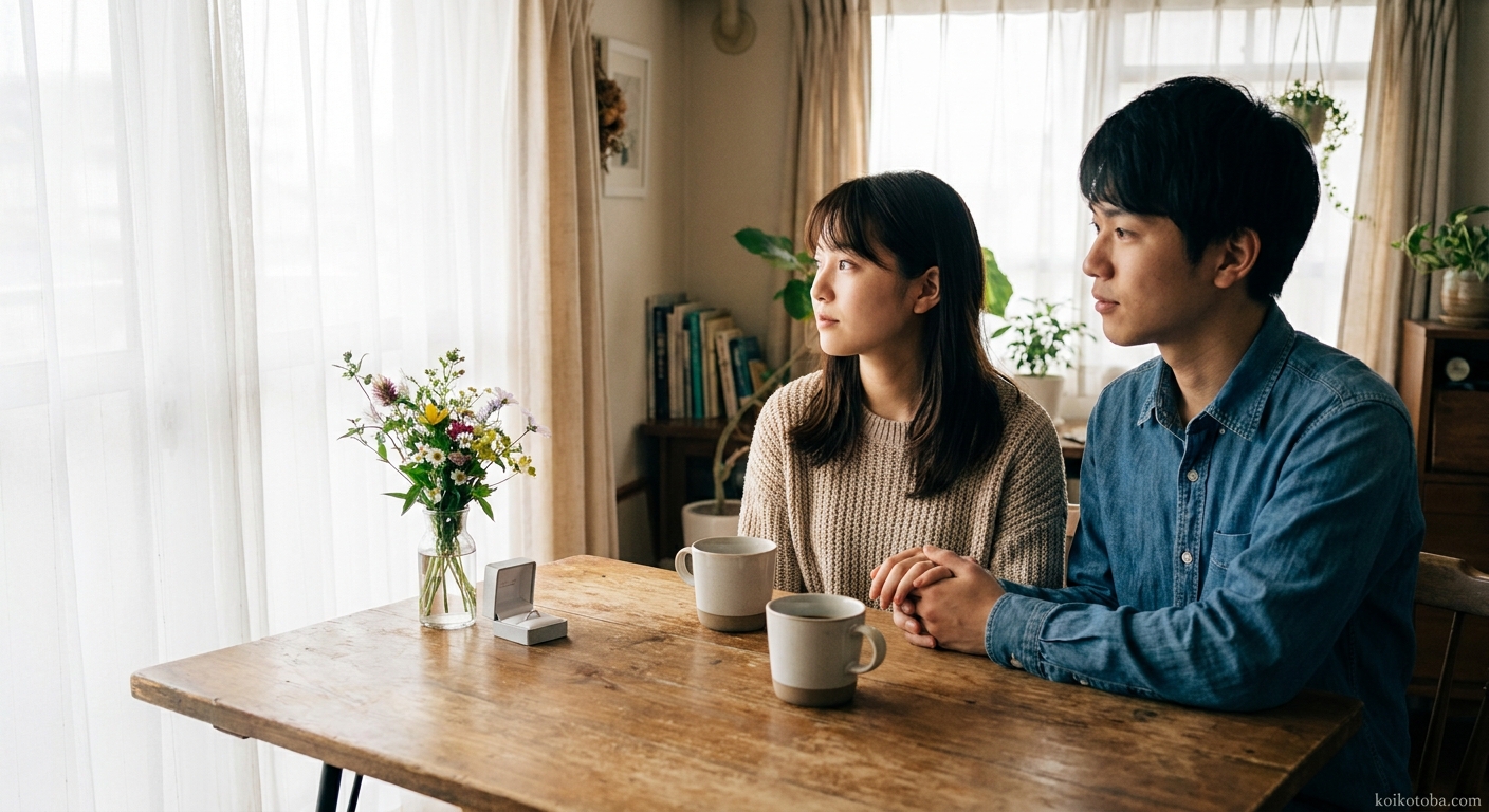 窓辺に並んだ二つのコーヒーカップと指輪、朝の光