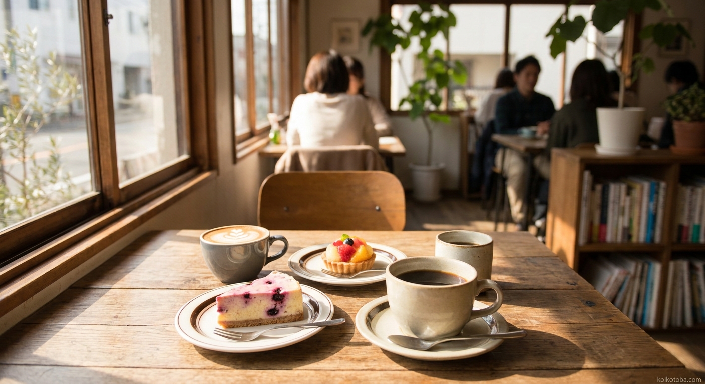 デートのカフェで並んだコーヒーカップとスイーツ