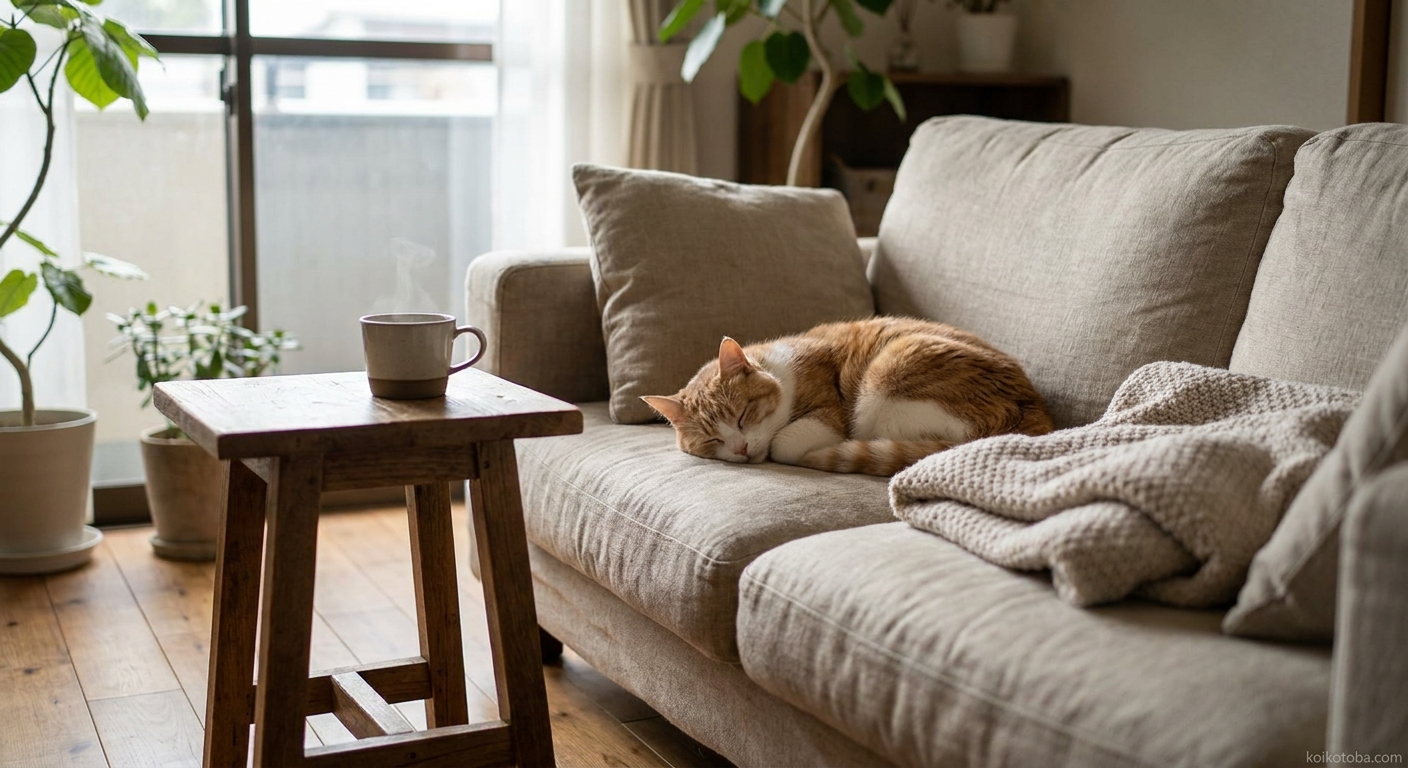 リビングのソファで眠る猫と窓から差し込む柔らかな光