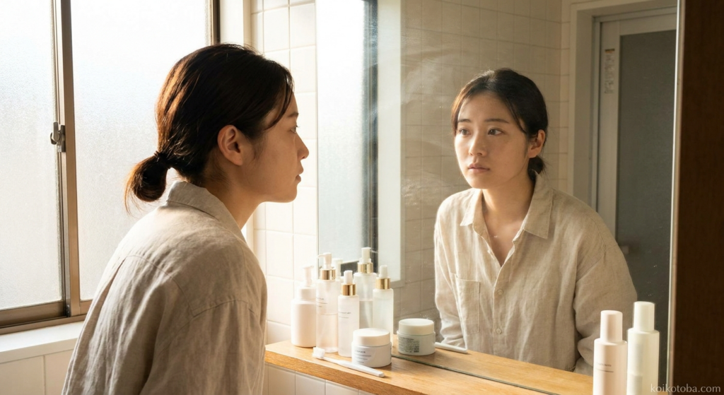 鏡の前でメイクを考える女性