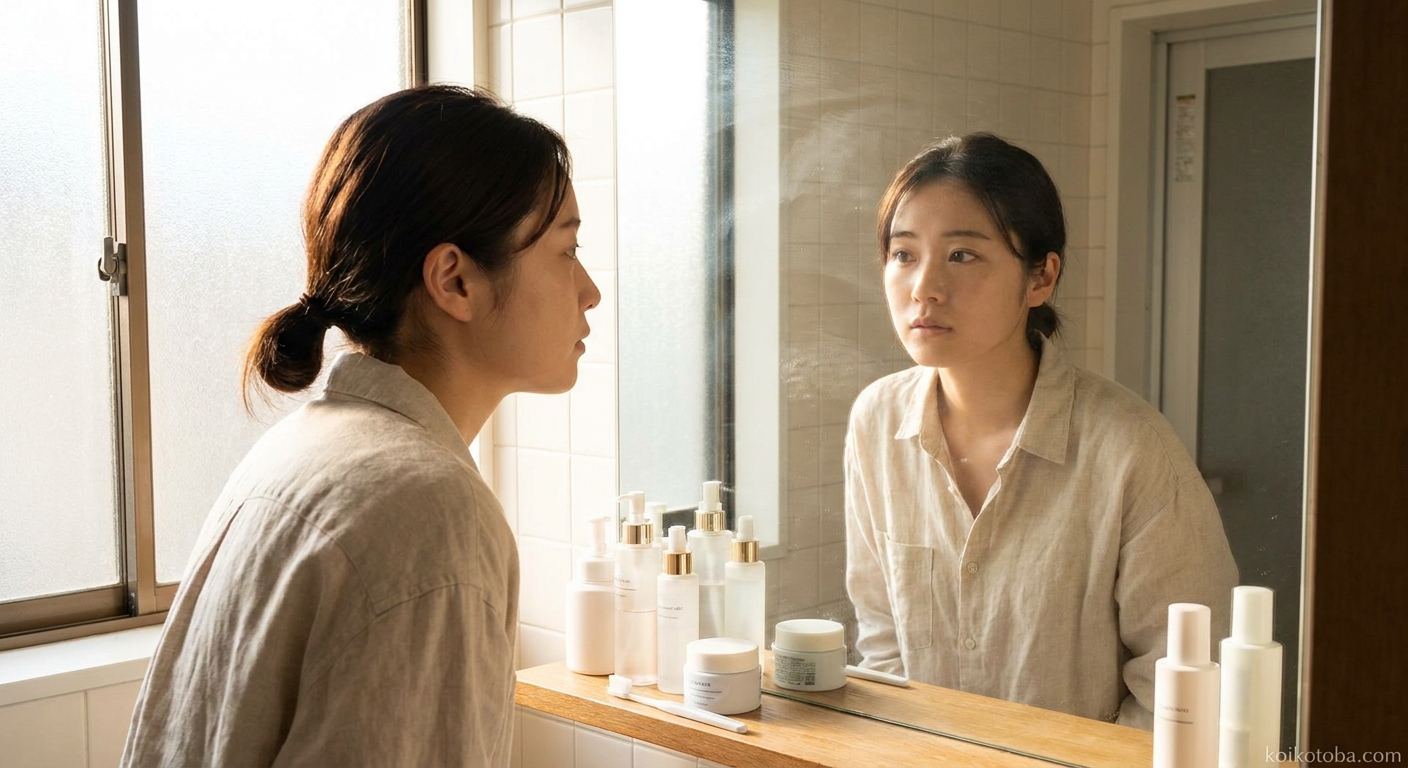 鏡の前でメイクを考える女性