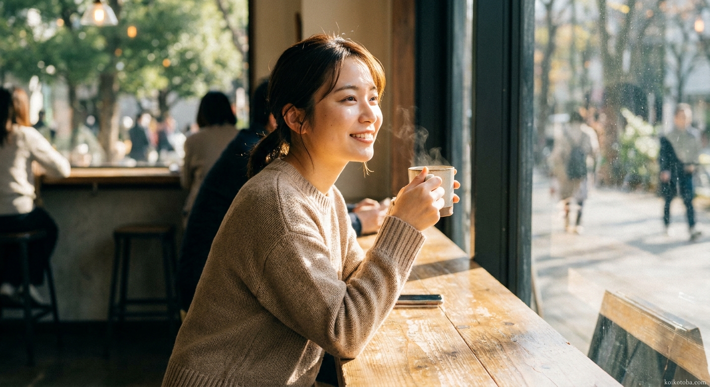 カフェで穏やかに微笑む自然体の女性