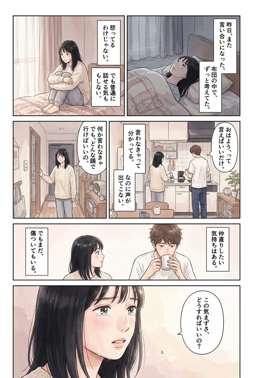 喧嘩の翌朝、気まずさを引きずらないための話し方3つ｜恋愛マンガ