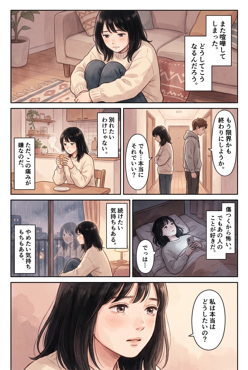 喧嘩のたびに別れが頭をよぎる、それでも続けたい時の気持ちの整理法｜恋愛マンガ