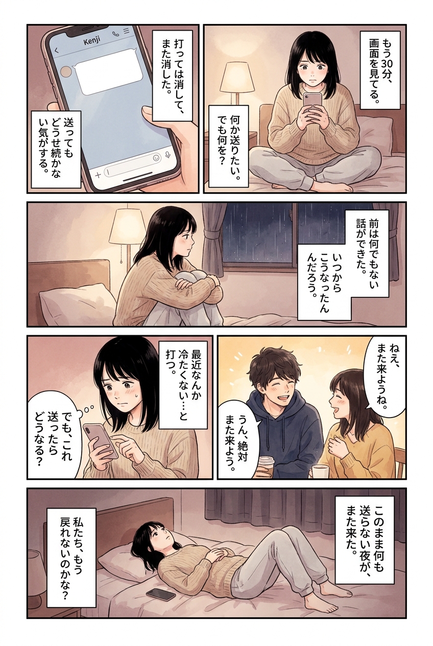 倦怠期のLINE、何を送ると距離が戻りやすいか｜恋愛マンガ