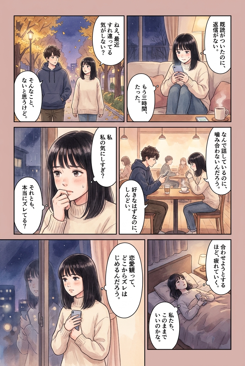 恋愛観のズレが生まれる場面4つと、埋まりやすい話の切り口｜恋愛マンガ