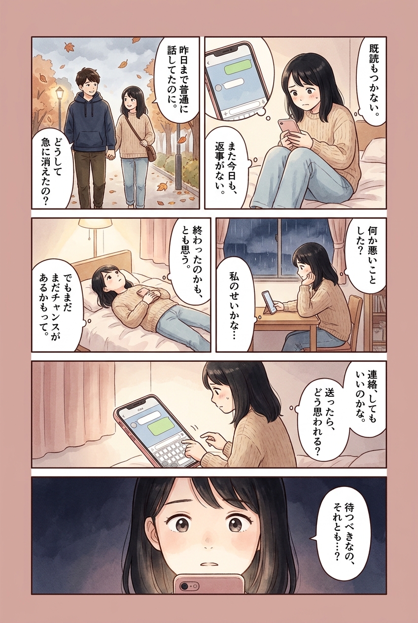 ゴースティングされた後、連絡を再開すべきか待つべきかの判断軸|恋愛マンガ