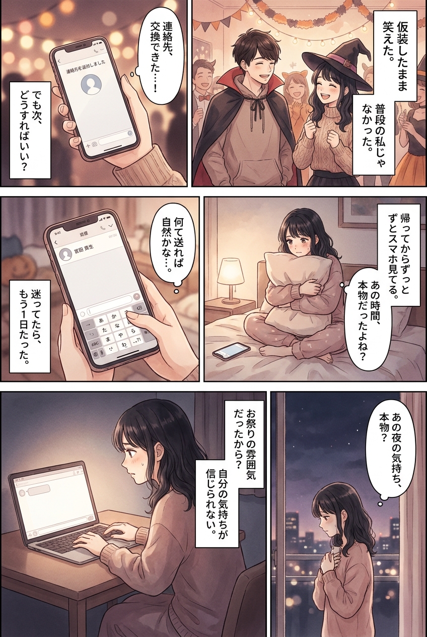 仮装イベントで気になる人ができた夜、次に動く3ステップ|恋愛マンガ