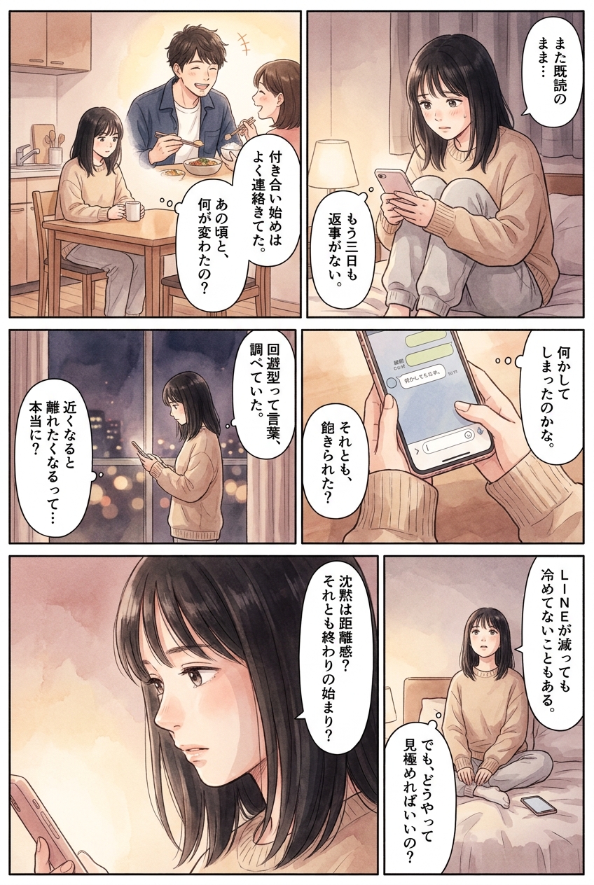 回避型愛着の彼、LINEが減るのは冷めたのか距離感なのか｜恋愛マンガ