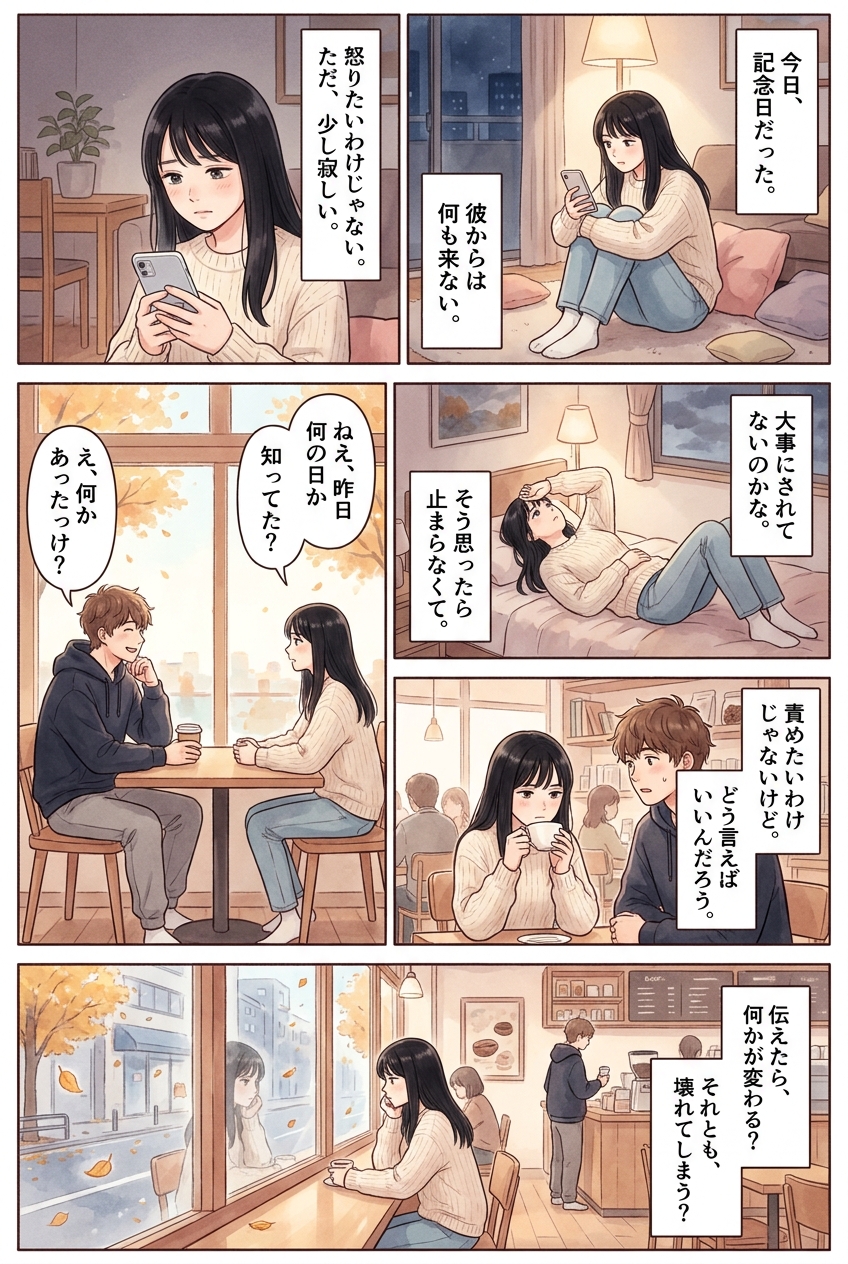 記念日を忘れた彼氏、どう伝えると関係が壊れないか｜恋愛マンガ