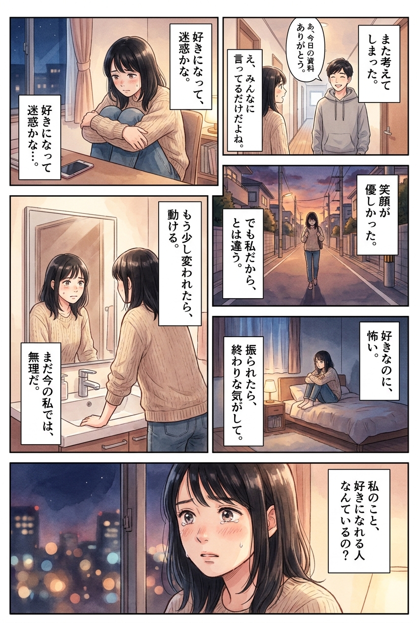 自分を好きになれない人が片思いで陥りやすい3つの思考の罠｜恋愛マンガ