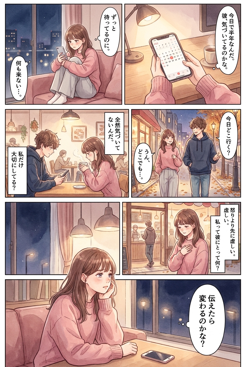 半年記念日に何もしない彼氏の心理3つ｜責めずに伝える順番と言い方｜恋愛マンガ