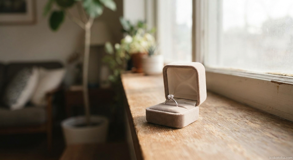婚約指輪の入ったリングボックスが窓辺に置かれている