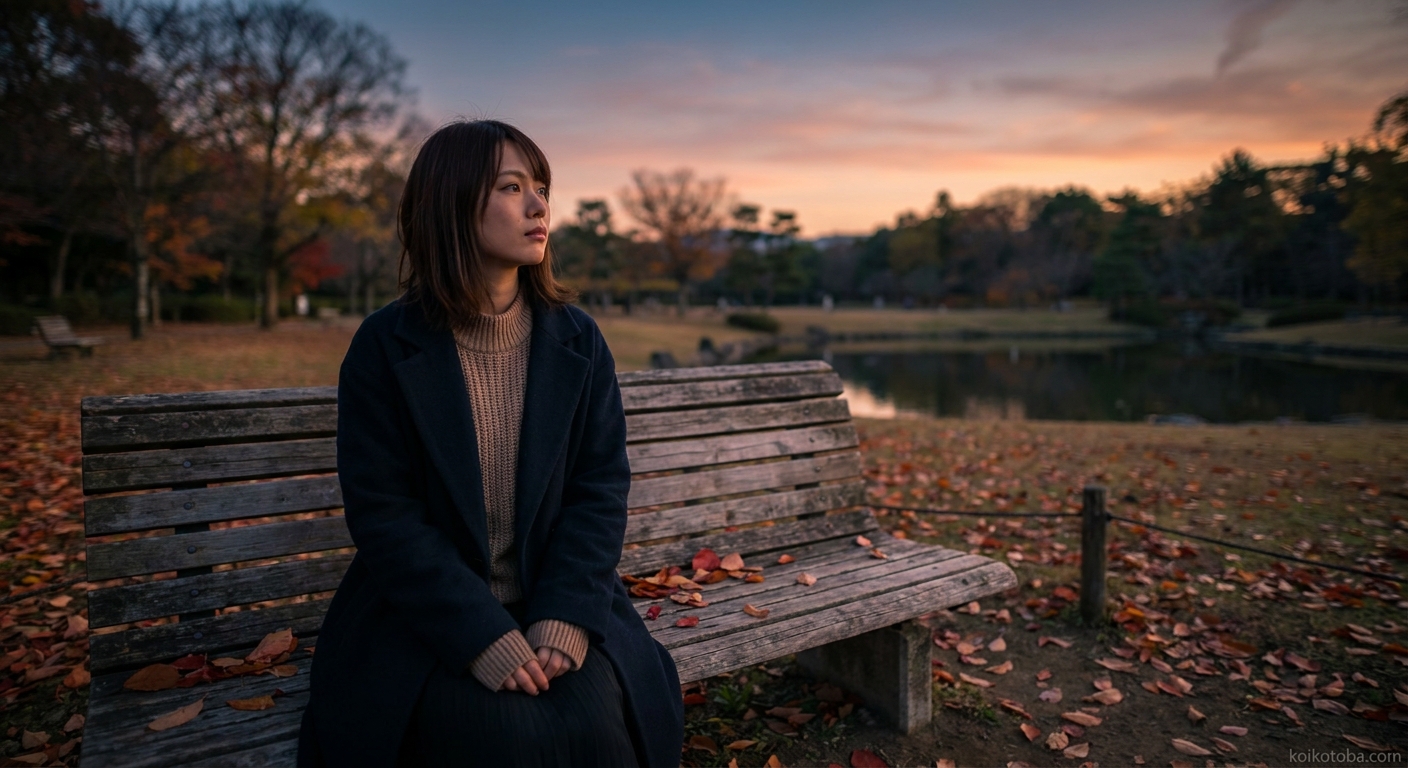 夕暮れの公園のベンチに一人座って遠くを見つめる女性