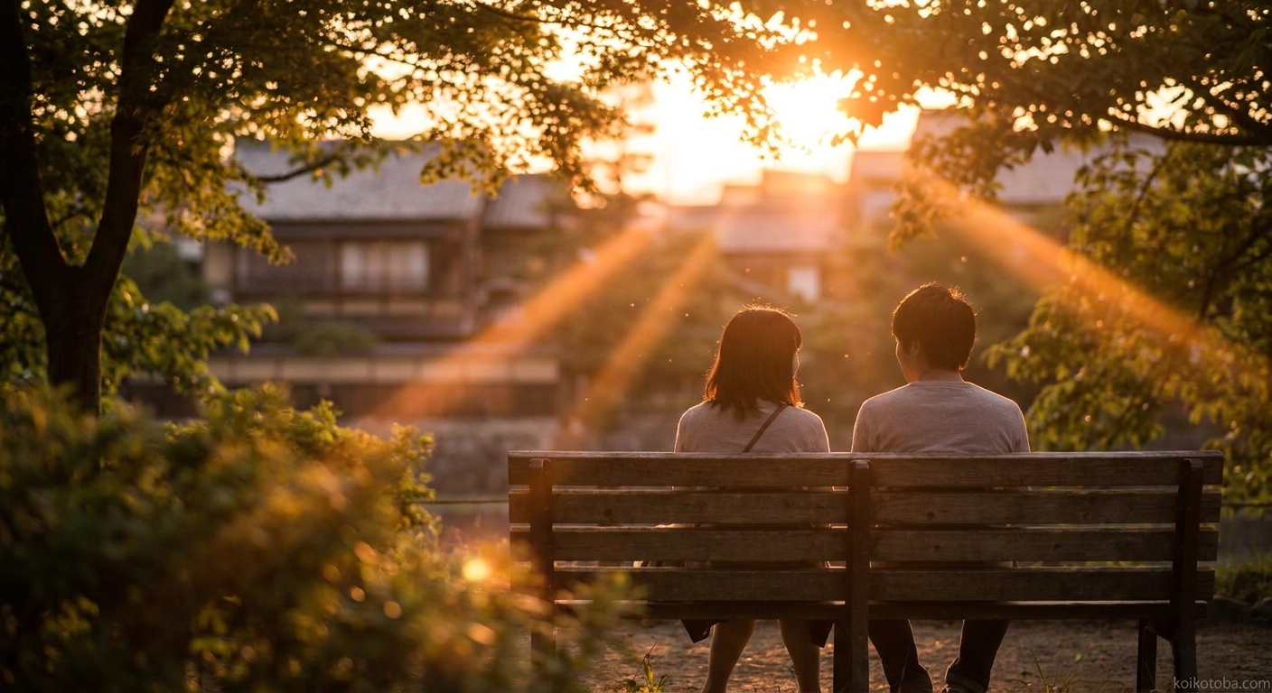 夕暮れの公園のベンチに並んで座るふたりのシルエット