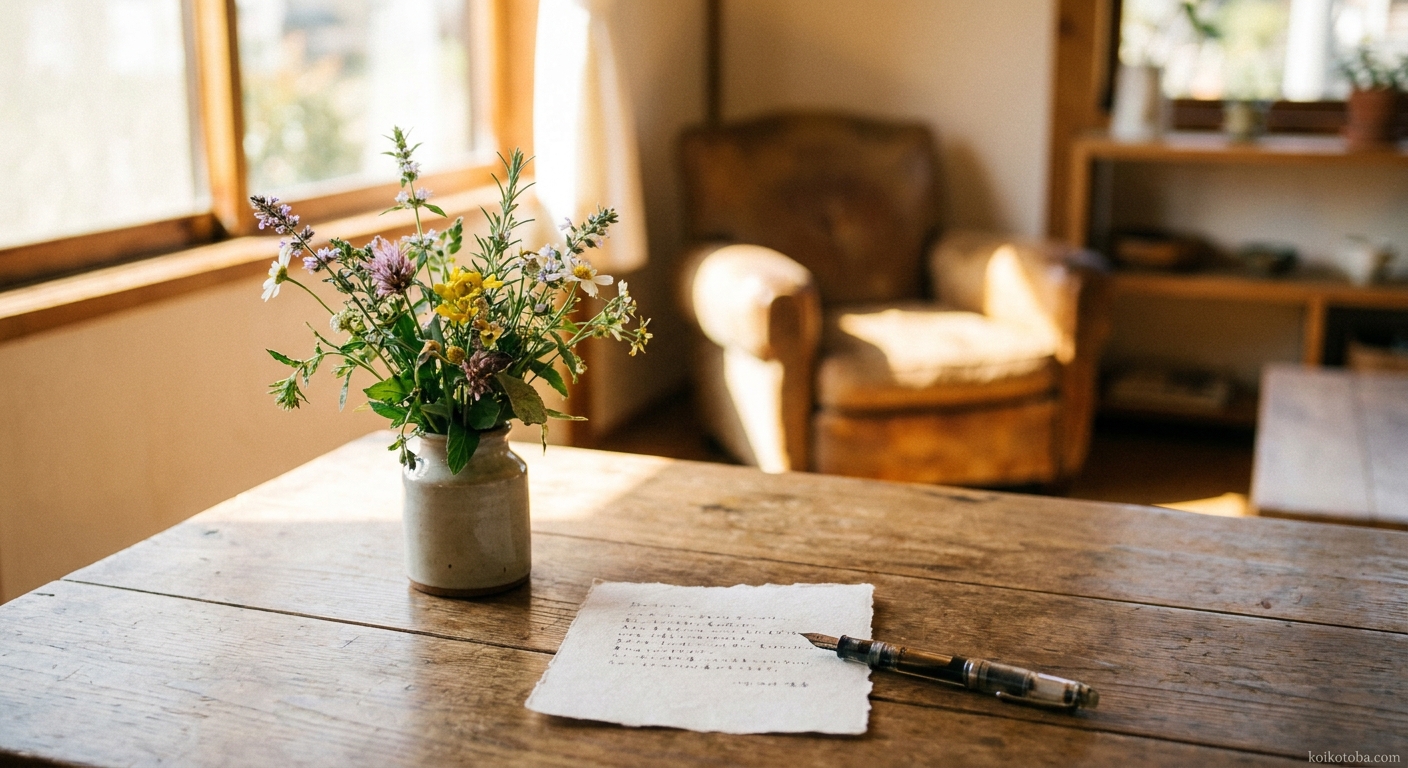 テーブルの上の小さな花束と手書きのメモとペン