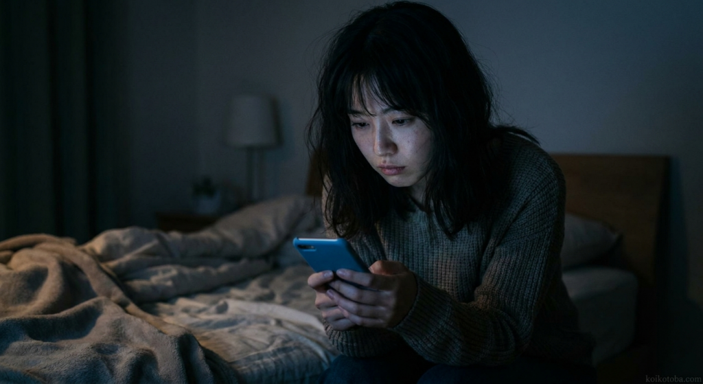 夜にスマートフォンを見つめる女性