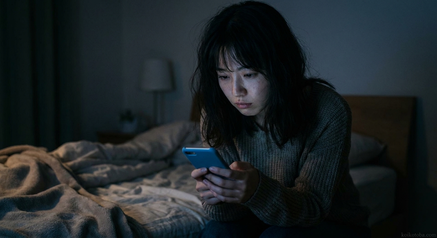 夜にスマートフォンを見つめる女性