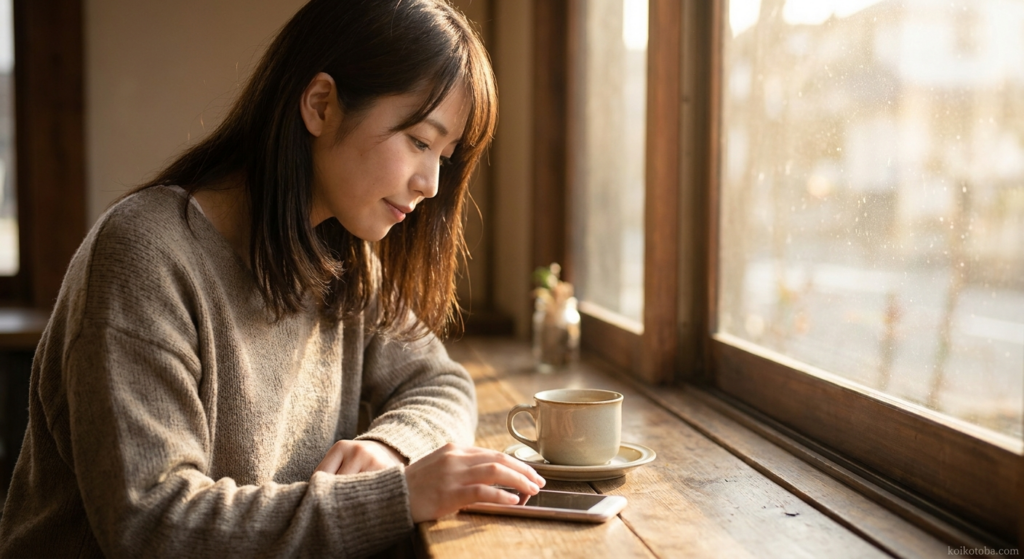 カフェの窓辺に置かれたコーヒーとスマートフォン